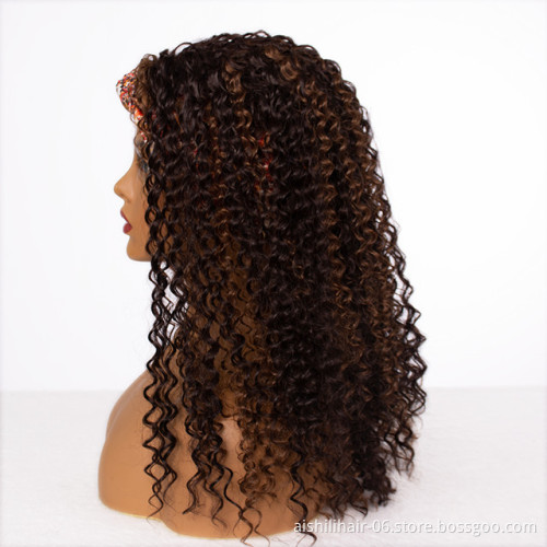 Headband wigs wholesale mix brown heat resistant afro kinky curly fibre headband synthetic hair wigs for black women